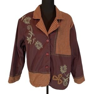 Bechamel Brown Houndstooth Patchwork Embroidered Cotton Jacket XL‎ Boho Artsy